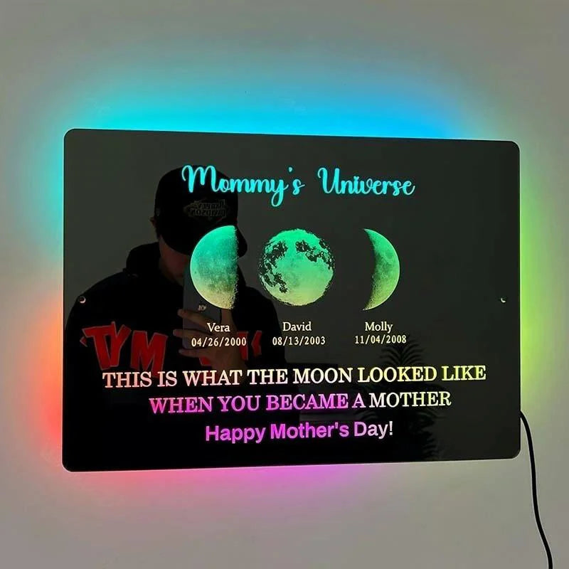 🌈Custom Led Mirror Light Frame with text and date🌖mom's universe🌔