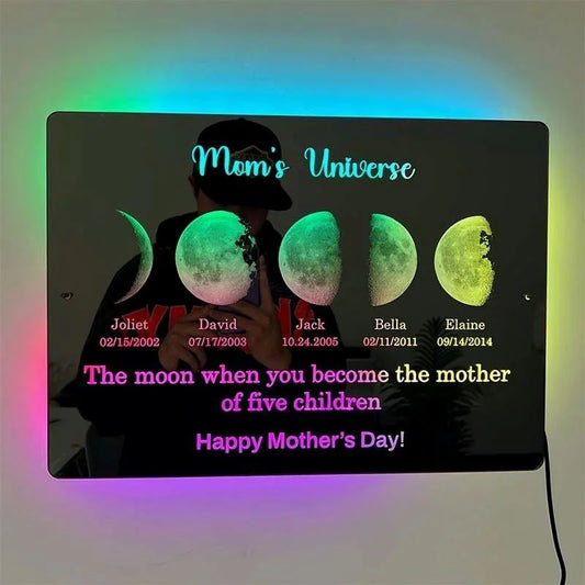 🌈Custom Led Mirror Light Frame with text and date🌖mom's universe🌔